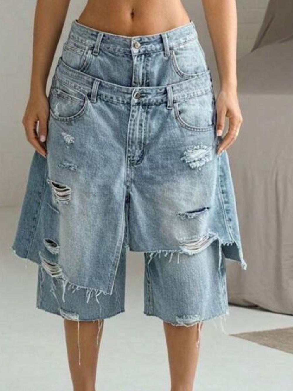 Distressed Layered Light Wash Denim Skirt-Shorts